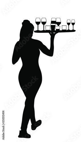 Waiter lady holding tray with order drinks for guests vector silhouette. Servant in restaurant taking orders. Worker in pub serve wine drinks for client. Barman woman. Cocktails and beverage.