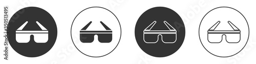 Black 3D cinema glasses icon isolated on white background. Circle button. Vector