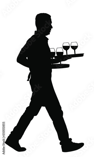 Waiter holding tray with order drinks for guests vector silhouette. Servant in restaurant taking orders. Worker in pub serve wine drinks for client. Barman welcomes guest. Cocktails and beverage.