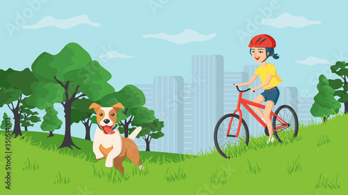 Fototapeta Naklejka Na Ścianę i Meble -  Happy smiling girl walking with a dog in a city park. Summer bike ride out of town with a pet. The dog from the shelter is the best friend. Cartoon vector illustration
