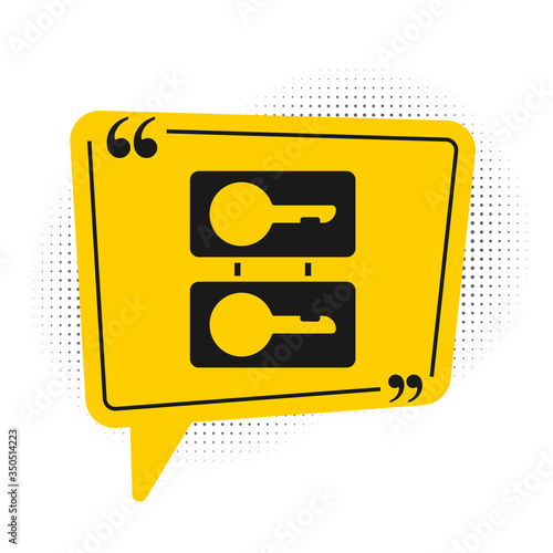 Black Metal mold plates for casting keys icon isolated on white background. Set for mass production and forgery of the keys. Yellow speech bubble symbol. Vector