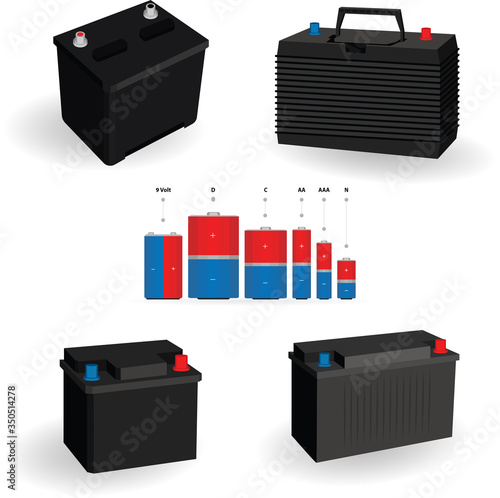 Car accumulator and alkaline battery vector illustrations set. Isometric accumulator batteries graphic isolated on white background. Different size battery set with description.