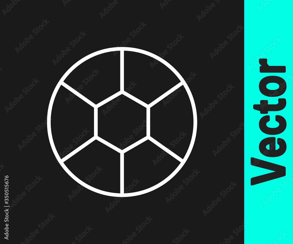 Fototapeta premium White line Football ball icon isolated on black background. Soccer ball. Sport equipment. Vector