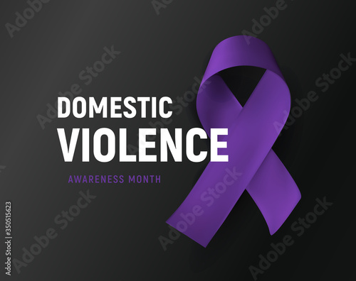 Domestic violence banner. Purple ribbon against home abuse poster. Abused victim support vector illustration on black background.