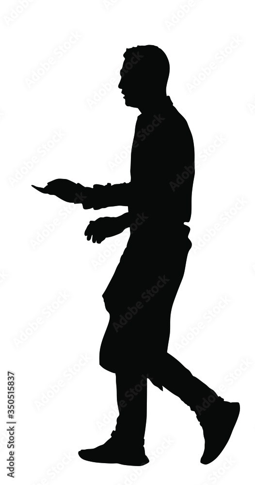 Waiter holding tray with order food for guests vector silhouette. Servant in restaurant taking orders. Worker in pub serve pizza and burgers for client. Barman welcomes guest. Gastronomy specialty