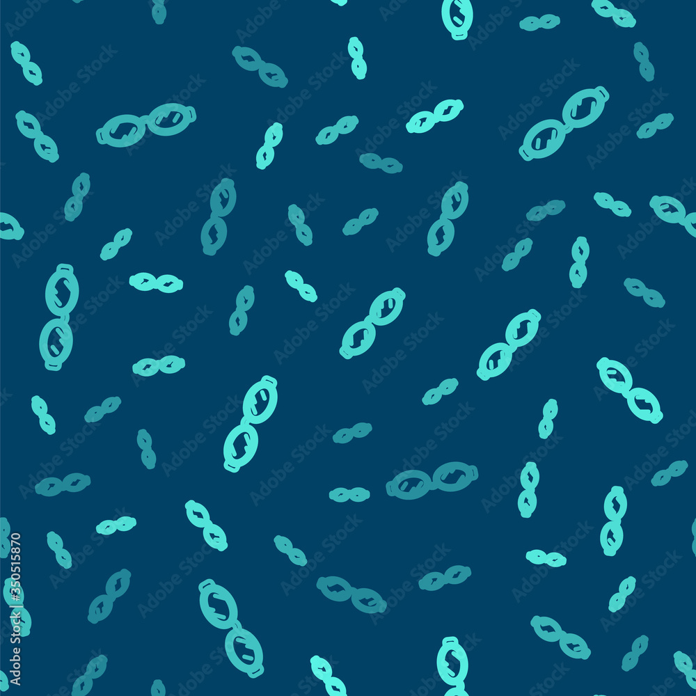 Green line Glasses for swimming icon isolated seamless pattern on blue background. Goggles sign. Diving underwater equipment. Vector