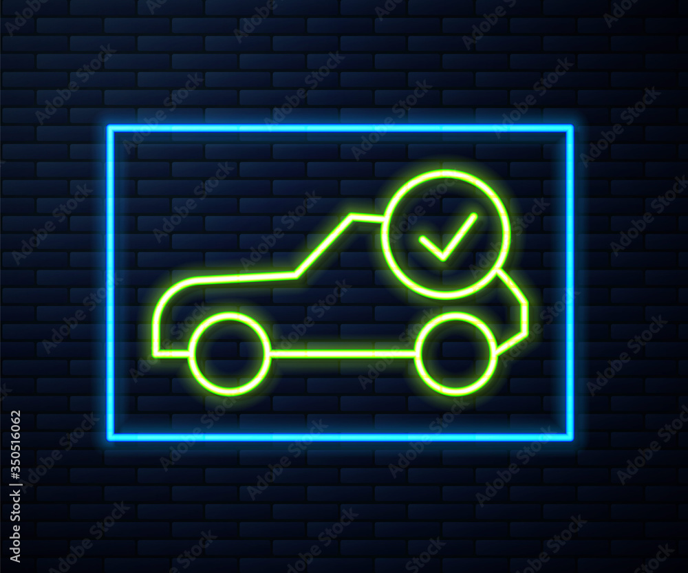 Glowing neon line Auto service check automotive icon isolated on brick wall background. Car service. Vector Glowing neon line Auto service check automotive icon isolated on brick wall background. Car service. Vector
