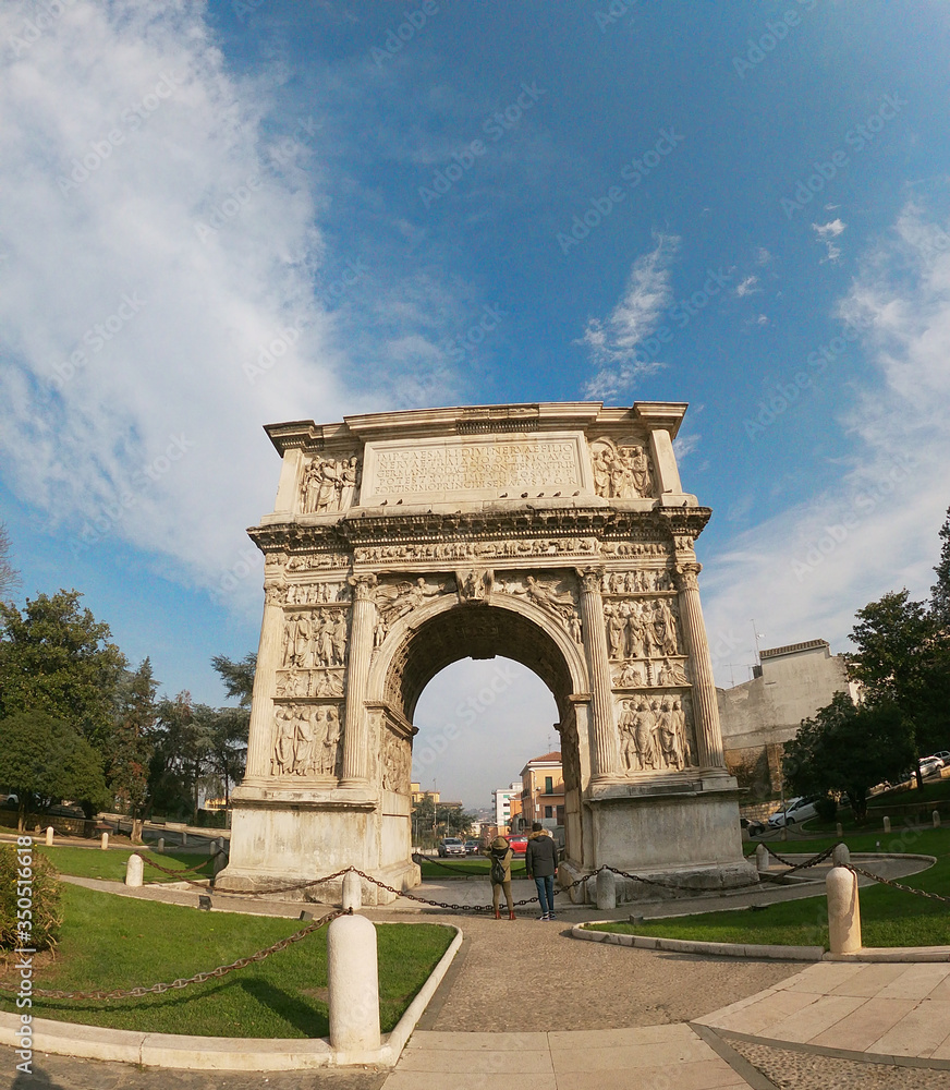 Benevento/Italy - May 19, 2020: the famous tryumph arch of Traiano, the roman emperor.