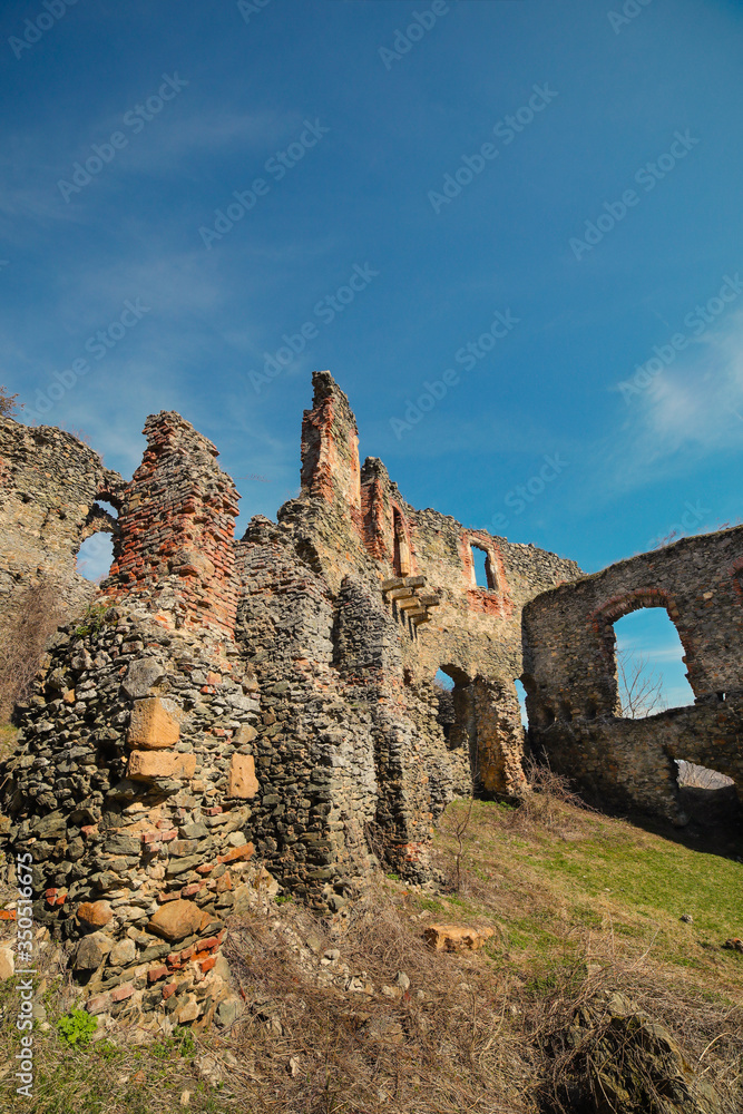 The ruins of Soimos Citadel on the Cioaca Tăutului hill in Soimos, Romania
