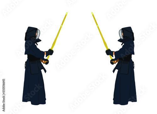 Kendo fighters duel with protective clothing and mask vector illustration isolated on white background. Kendo sport martial discipline training. Traditional combat skill from Japan. Japanese culture.