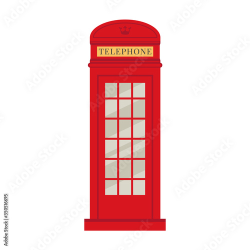 London phone booth. Red historic British telephone box. Flat cartoon isolated element icon. Travelling to England. 