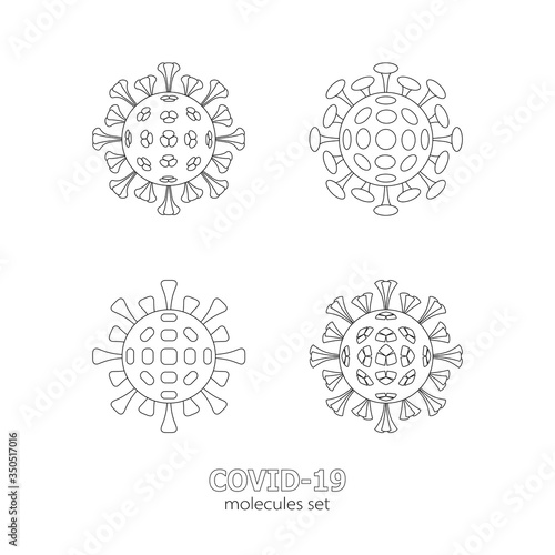 Icons with the image of a coronavirus molecules. COVID-19 virion depicted in the linart style on a white background.