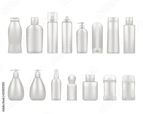 White cosmetic bottles mockups isolated from background: lotion, shampoo, cream, deodorant, spray. Plastic package design. Blank cosmetic, hygiene, skin care template. Set of 3d vector illustrations