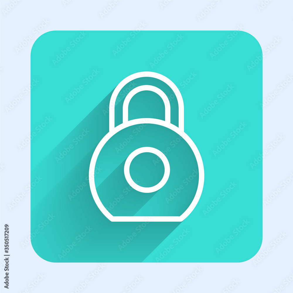 White line Kettlebell icon isolated with long shadow. Sport equipment. Green square button. Vector White line Kettlebell icon isolated with long shadow. Sport equipment. Green square button. Vector