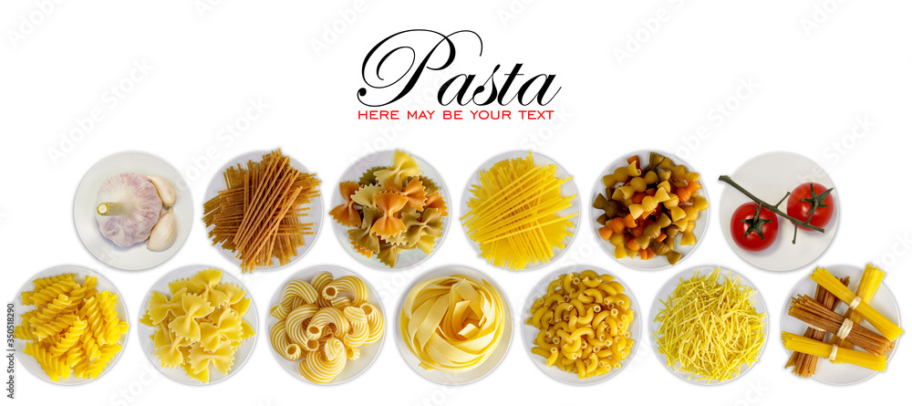 Various pasta on white plates. Isolated background. Advertising concept with copy space for individual text Various pasta on white plates. Isolated background. Advertising concept with copy space for individual text