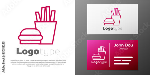 Logotype line Burger and french fries in carton package box icon isolated on white background. Hamburger, cheeseburger sandwich. Fast food. Logo design template element. Vector