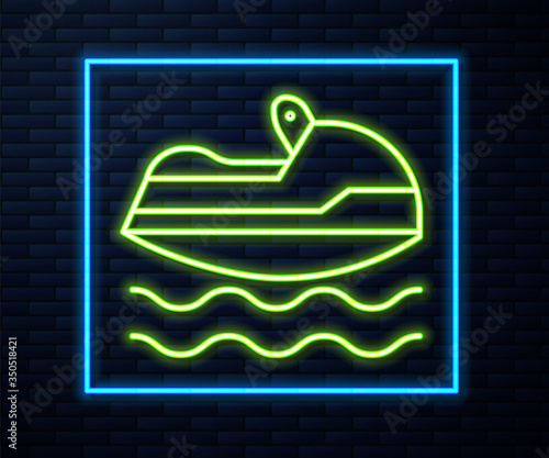 Glowing neon line Jet ski icon isolated on brick wall background. Water scooter. Extreme sport. Vector