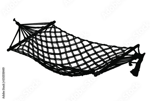 Hammock vector silhouette illustration isolated on white background. Summer time enjoy and relaxation swing bed. Beach time. Wooden garden equipment for backyard or picnic. © dovla982
