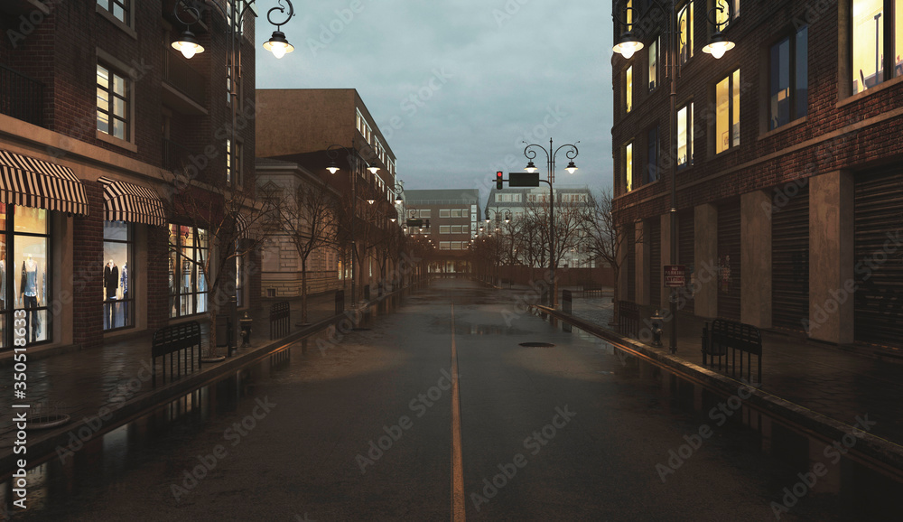Evening city landscape empty streets 3d illustration