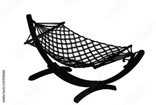 Hammock vector silhouette illustration isolated on white background. Summer time enjoy and relaxation swing bed. Beach time. Wooden garden equipment for backyard or picnic.