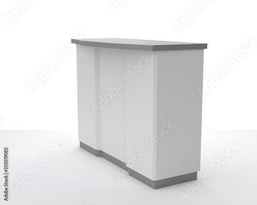 Information desk or exhibition counter isolated. Reception and helping service stand. 3D rendering