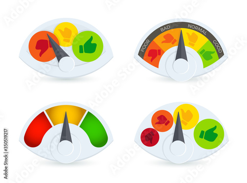 Colorful speedomeret, barometer, fuel gauge logo set. Business performance review indicator logotype collection. Thumbs up and down progress sensor symbols.