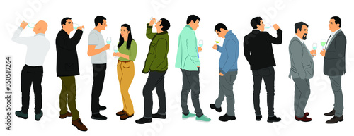 Business people meeting and drinking wine vector illustration isolated on white. Friend toasting relaxation after work. Boys drink beer in bar. Social live celebration with beverage. Girl and boy love