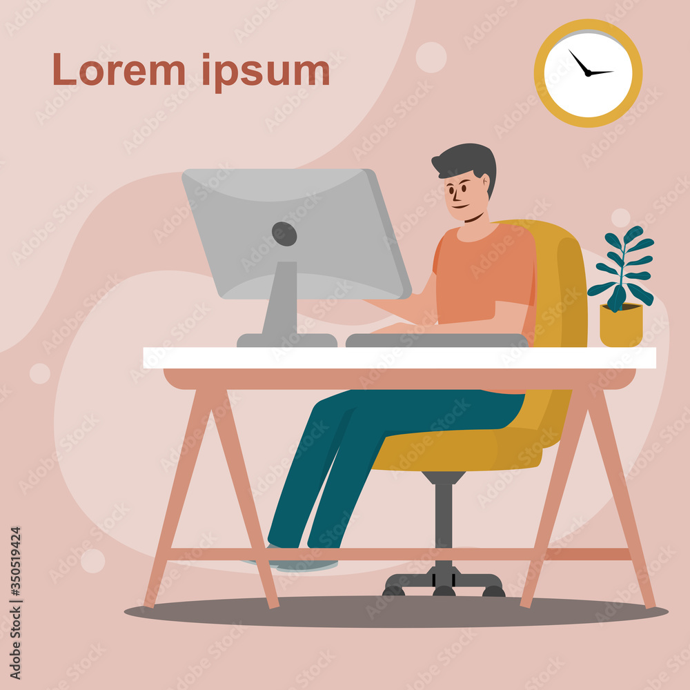 Set of young man stay home. What young man does while stay home. People working at home. home office. Flat style vector illustration Set of young man stay home. What young man does while stay home. People working at home. home office. Flat style vector illustration
