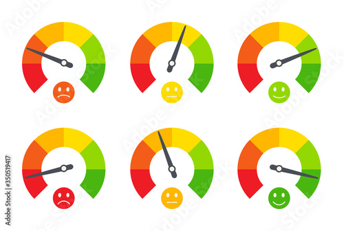 Set of business indicators, emotional emoticons, indicating quality, level, rating. Ratings of different levels like poor, bad, normal, good, excellent, great. Vector isolated flat graphic.