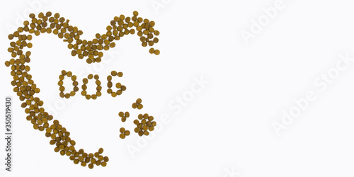Image of a heart and a dogs paw,word "DOG" made of pieces of dry pets food isolated on white background. Top view. Space for text. Banner