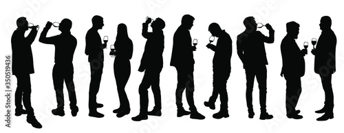 Business people meeting and drinking wine vector silhouette isolated on white. Friends toasting relaxation after work. Boys drink beer in bar. Social live celebration with beverage. Girl and boy love.