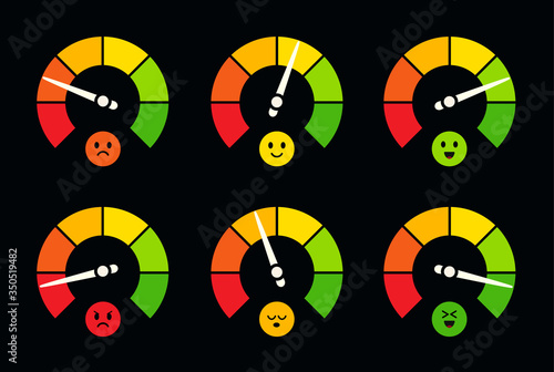 Speedometer, barometer, fuel and petrol gauge logo set. Dial indicator with emoji, dashboard sensor logotype collection. Colorful round meters, business performance scale.