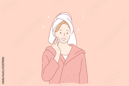 Beauty, makeup concept. Young happy smiling woman or girl cartoon character using dermatology cosmetic ointment scrub on face against wrinkles and pimples. Health and skincare procedure illustration.