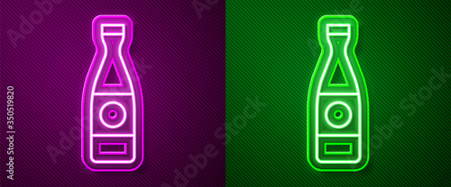 Glowing neon line Beer bottle icon isolated on purple and green background. Vector