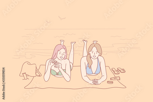 Vacation, travelling, holiday concept. Young happy women girls friends tourists cartoon characters lying on ocean beach sunbathing together. Summer rest or recreation on sea coast and active lifestyle