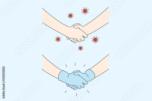 Handshaking, protection, contact, covid19, coronavirus, infection set concept. Human hands shaking with medical gloves and without. Preventive hygiene protective measures from 2019ncov illustration.