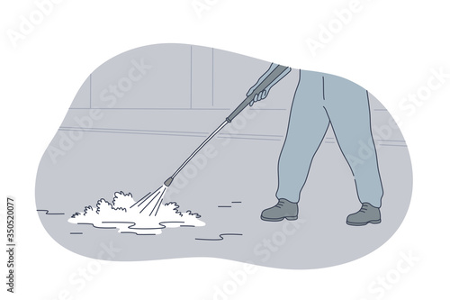 Desinfection, contamination, protection, coronavirus concept. Man worker cartoon character doing street cleanup from contagion. Preventive protective measures from bacterias and 2019ncov illustration.