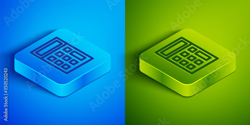 Isometric line Calculator icon isolated on blue and green background. Accounting symbol. Business calculations mathematics education and finance. Square button. Vector