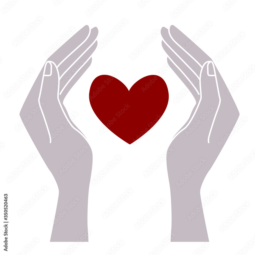 Heart in hands. Love and happiness. Valentine's day. Wedding. Flat vector illustration isolated on a white background. Elements for design, packaging, fabric, cards Heart in hands. Love and happiness. Valentine's day. Wedding. Flat vector illustration isolated on a white background. Elements for design, packaging, fabric, cards