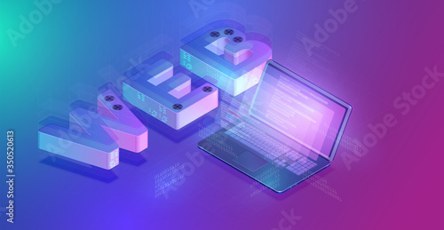 Notebook with huge 3D WEB text with grids and lines, isometric vector illustration