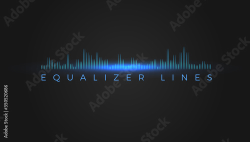 Stereo audio equalizer. Digital sound recorder. Electronic music playback waveform. City silhouette. Panoramic view, skyscrapers vector illustration.