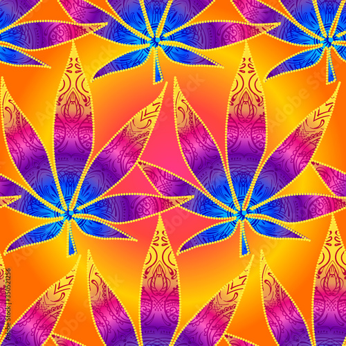 seamless pattern from iridescent versicolour marijuana leaves in Hippie Retro style 60s, 70s. Shamanism and esotericism style. Mandala and spirituality