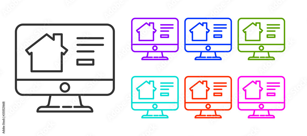 Black line Online real estate house on monitor icon isolated on white background. Home loan concept, rent, buy, buying a property. Set icons colorful. Vector Black line Online real estate house on monitor icon isolated on white background. Home loan concept, rent, buy, buying a property. Set icons colorful. Vector