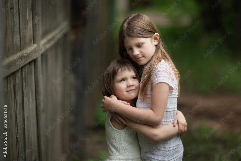 Tender young girls children hugging near a wooden fence, intimacy and openness, trust between sisters. The concept of the relationship of siblings and childhood., Sincere emotions. Tender young girls children hugging near a wooden fence, intimacy and openness, trust between sisters. The concept of the relationship of siblings and childhood., Sincere emotions.