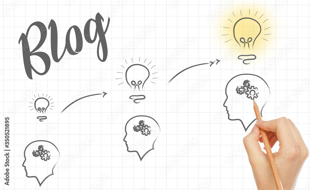 Blogging ideas. Collage of woman drawing human heads with gears and lightbulbs on squared notebook sheet Blogging ideas. Collage of woman drawing human heads with gears and lightbulbs on squared notebook sheet