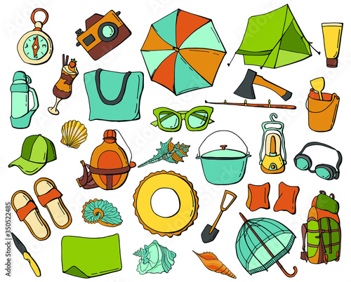 Big summer set on white isolated background. Camping elements and beach accessories. Cartoon style. Stock illustration.