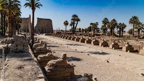 Luxor Temple in Luxor, ancient Thebes, Egypt. Luxor Temple is a large Ancient Egyptian temple complex located on the east bank of the Nile River and was constructed approximately 1400 BCE.