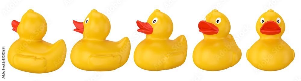 Collection of rubber ducks from different sides on a white background, 3D render Collection of rubber ducks from different sides on a white background, 3D render