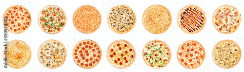 Big set of different pizzas: Ham with mushrooms, Barbecue, Peperoni's, Mexican, Chicken, Meat, Italian, Florentina, Bonanza, Margarita, , Hawaiian, Isolated on white background