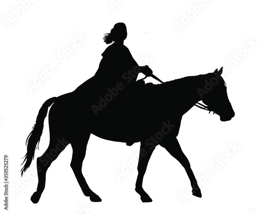 Medieval princess riding horse vector silhouette illustration isolated on white background. Girl in cloak ride horse. Attractive woman enjoy in countryside riding. Noble aristocratic lady on horseback